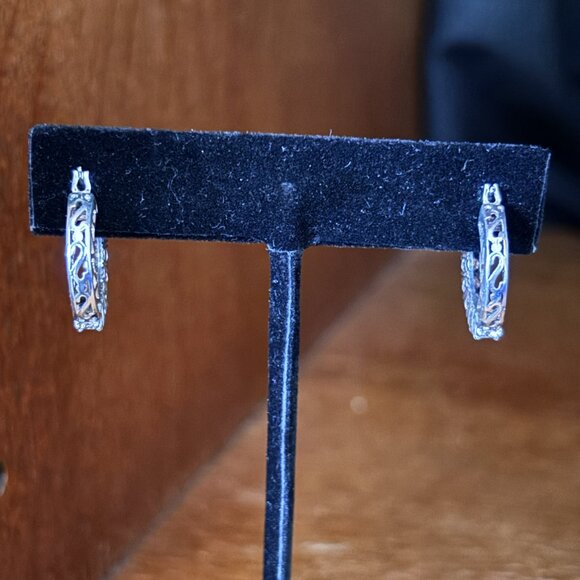 Sterling Silver CZ Hoop Earrings 925 DQ Sparkle Hinged - Picture 2 of 5